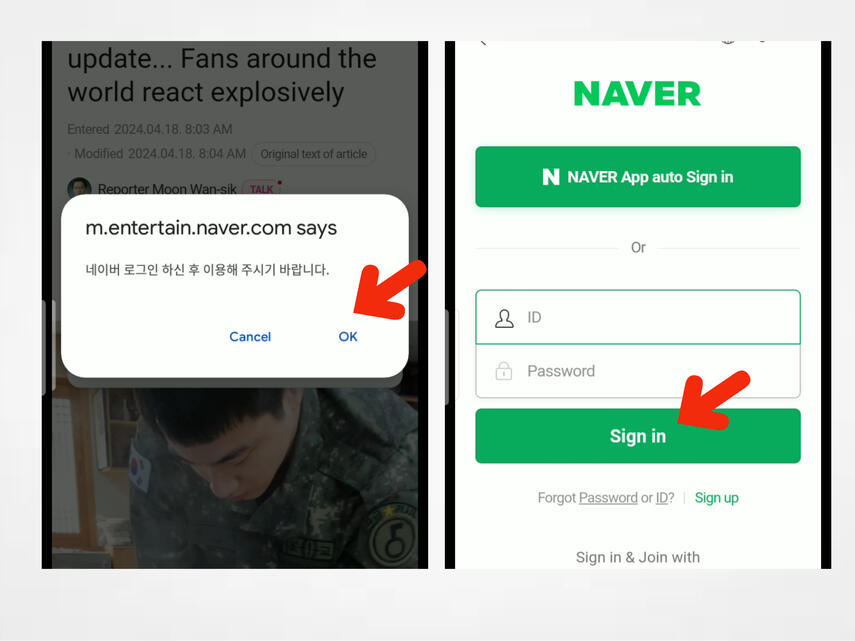 (3) This pop-up box will appear if you're not yet logged in with your naver account. Just press OK. (4) Enter your Naver username and password, then press 'Sign in'.