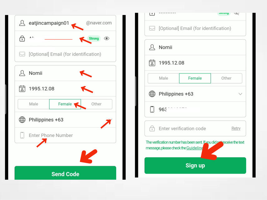 (5) Input all necessary information. Don't forget to change your country and enter your phone#. Then click 'Send code'. (6) Code will be sent to your phone#, enter it to the code field and click 'Sign Up.' And you're done! Take note of your naver ID and PW