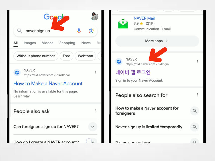 (1) Go to your google and search Naver sign up. (2) Scroll down and look for this ➜ https://nid.naver.com/nidlogin.login or just simply type the link on the search box.