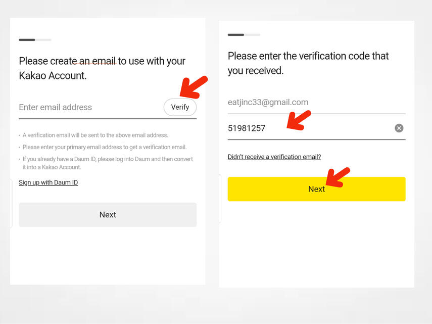(5) Enter your email address and click verify. (6) Code will be sent to your email address, type it below your email adress and click 'Next.'