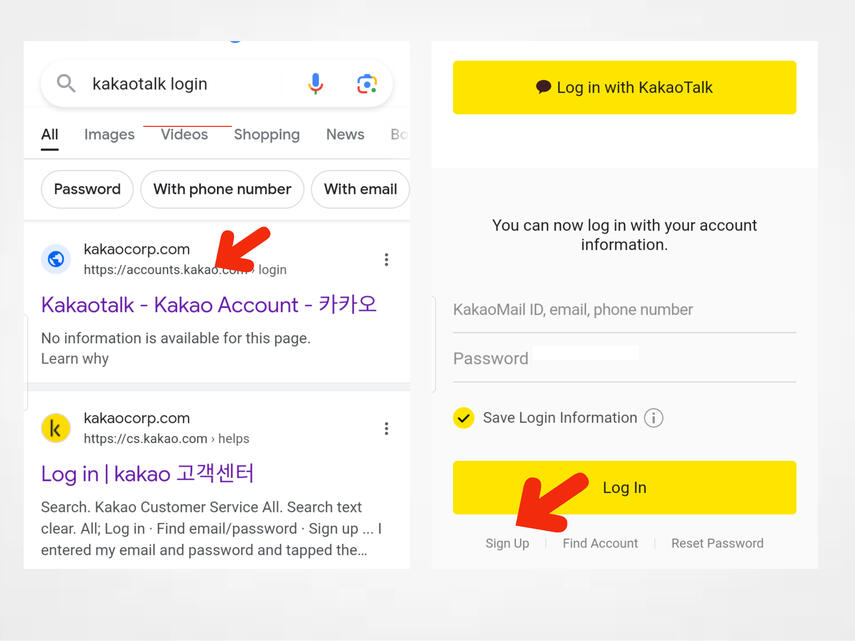 (1) Go to Google and search for Kakaotalk log-in and click this link ➜ https://accounts.kakao.com/login/ from the result or just simply type the link on the search box. (2) Click sign-up from the log-in page.