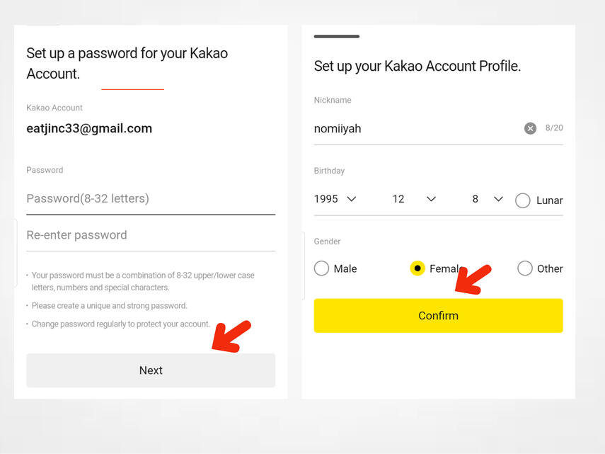 (7) Create password and click 'Next.' (8) Input all necessary information and click 'Confirm', and you're done! Use your Kakaotalk account to log-in with Daum.
